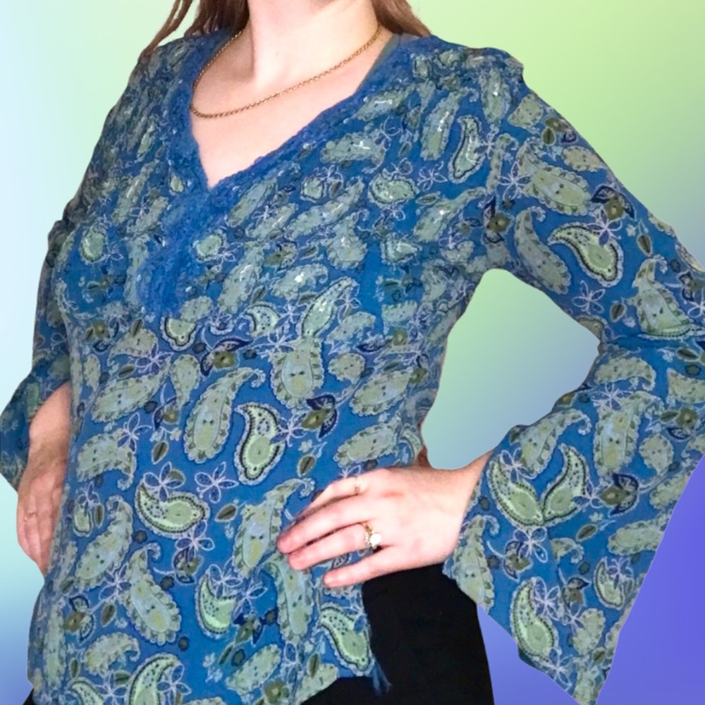 Vintage Y2K boho long sleeve blue green paisley v neck blouse shirt M medium VTG